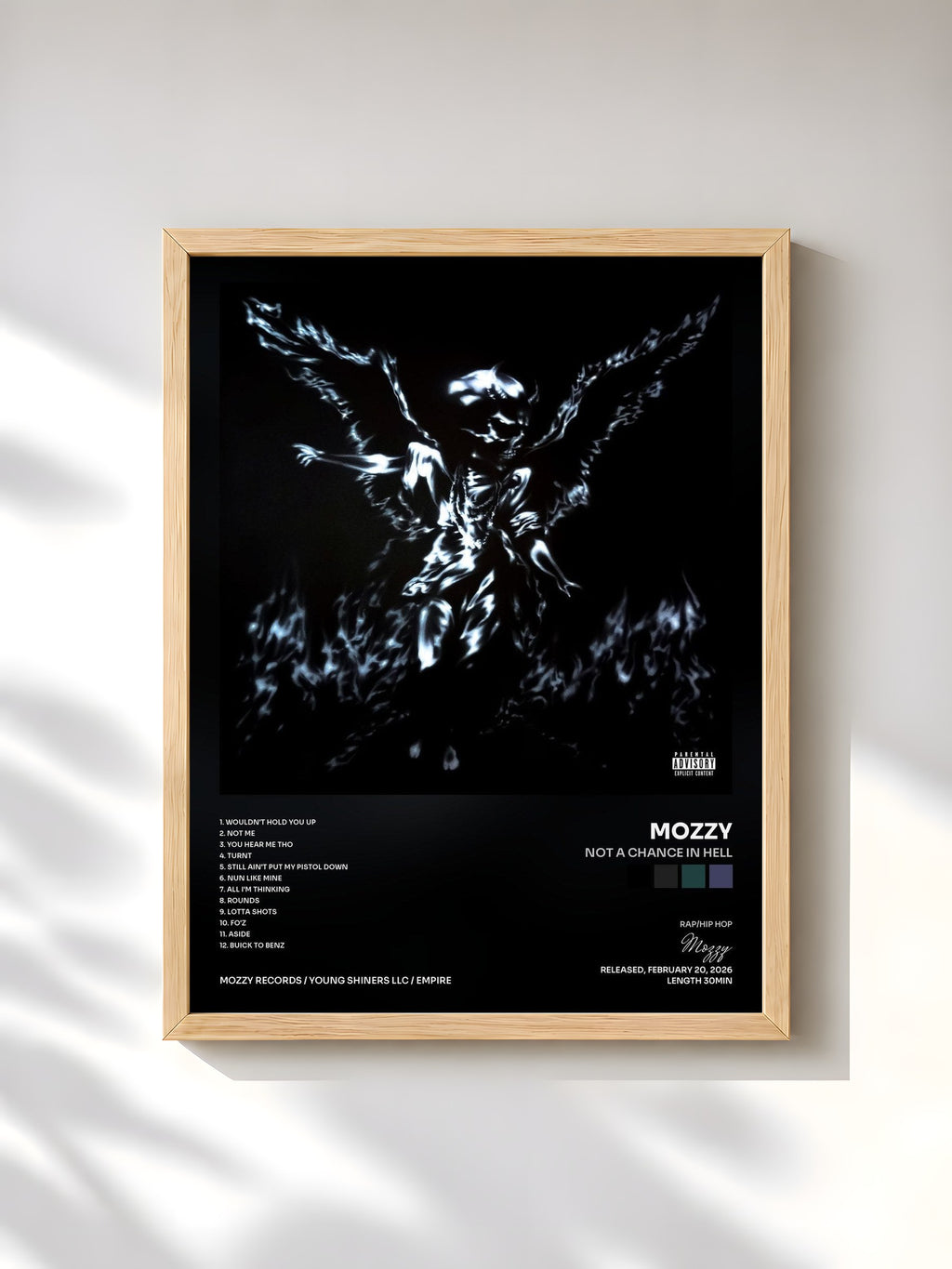 #bois Tableau de l'album NOT A CHANCE IN HELL de Mozzy, cadre en bois brut, imprimé et encadré en France