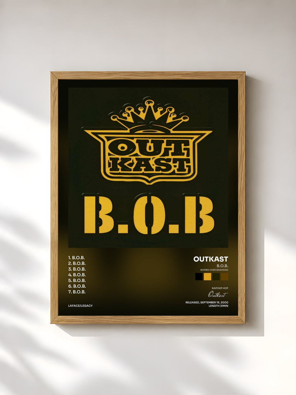 #bois Tableau de l'album B.O.B. (Bombs Over Baghdad) de Outkast, cadre en bois brut, imprimé et encadré en France