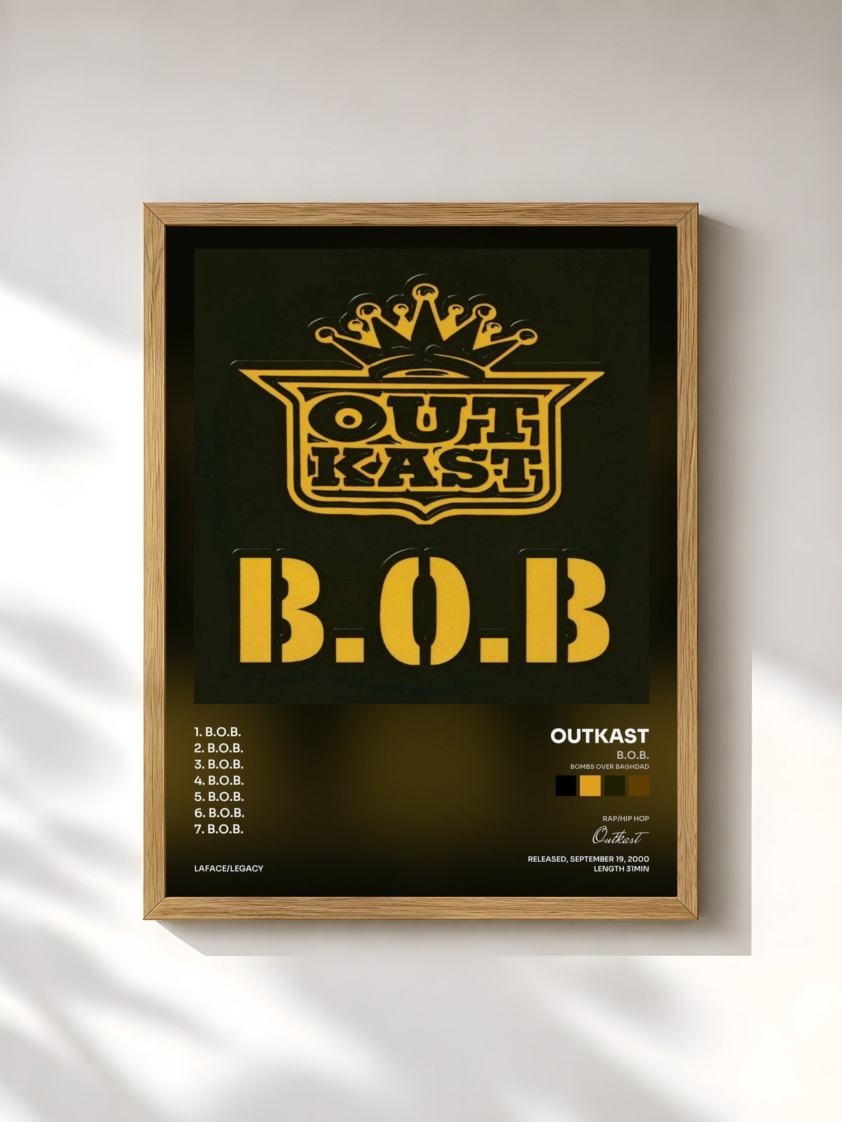 #bois Tableau de l'album B.O.B. (Bombs Over Baghdad) de Outkast, cadre en bois brut, imprimé et encadré en France