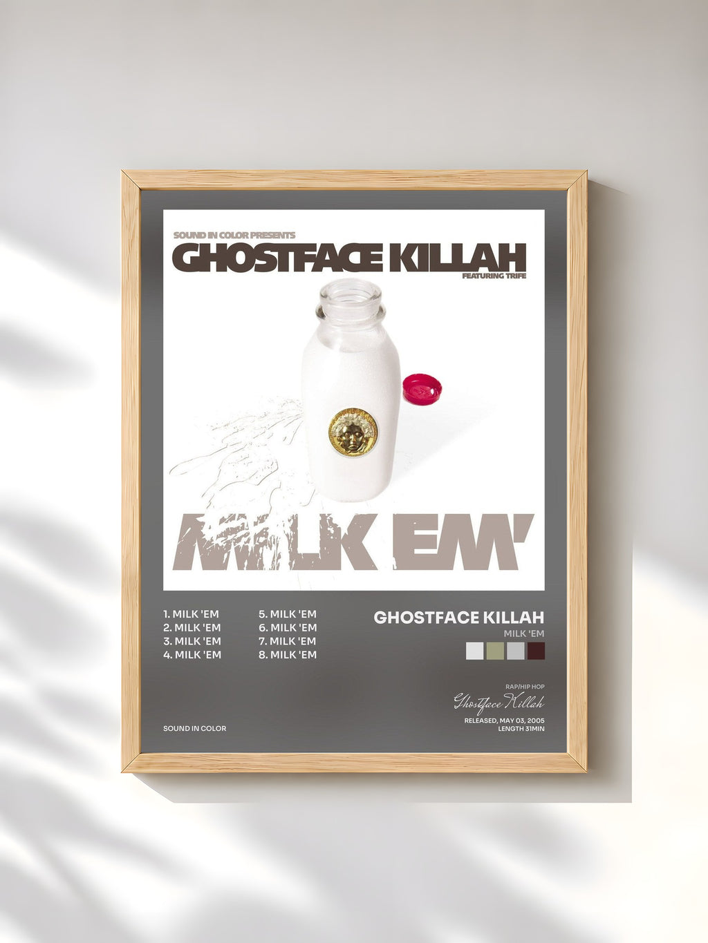 #bois Tableau de l'album Milk 'Em de Ghostface Killah, cadre en bois brut, imprimé et encadré en France