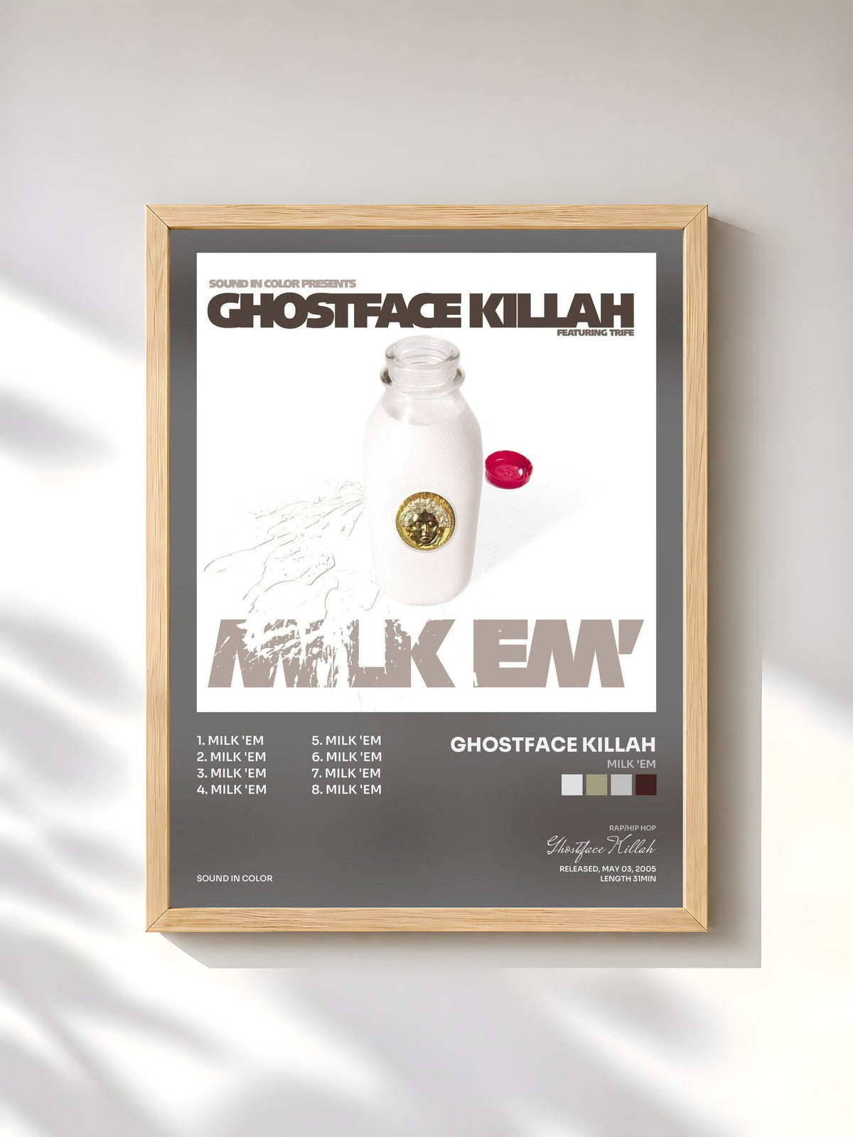 #bois Tableau de l'album Milk 'Em de Ghostface Killah, cadre en bois brut, imprimé et encadré en France