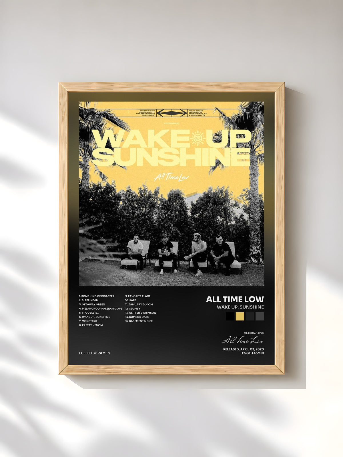 #bois Tableau de l'album Wake Up, Sunshine de All Time Low, cadre en bois brut, imprimé et encadré en France