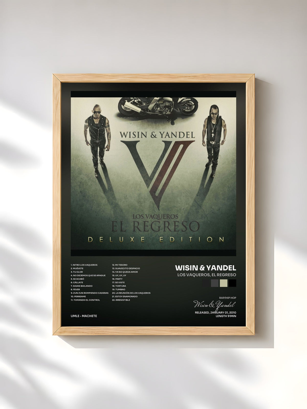 #bois Tableau de l'album Los Vaqueros, El Regreso de Wisin & Yandel, cadre en bois brut, imprimé et encadré en France
