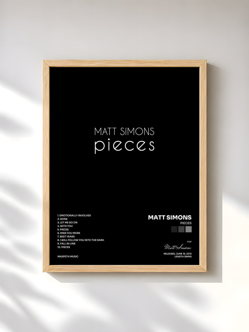 #bois Tableau de l'album Pieces de Matt Simons, cadre en bois brut, imprimé et encadré en France