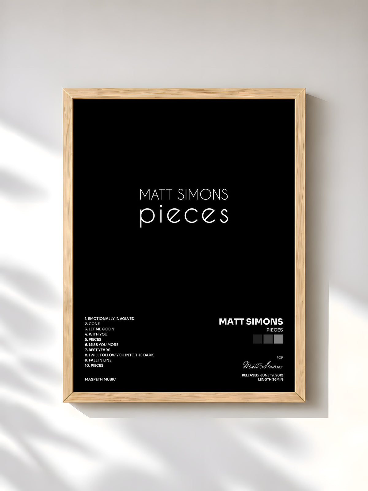 #bois Tableau de l'album Pieces de Matt Simons, cadre en bois brut, imprimé et encadré en France