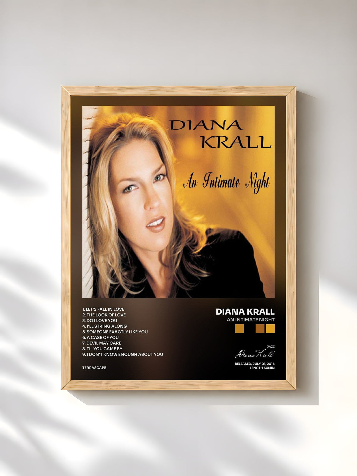 #bois Tableau de l'album An Intimate Night de Diana Krall, cadre en bois brut, imprimé et encadré en France