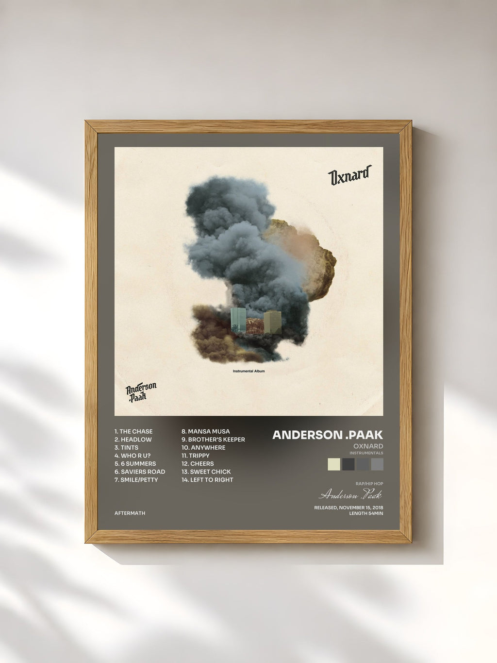 #bois Tableau de l'album Oxnard (Instrumentals) de Anderson .Paak, cadre en bois brut, imprimé et encadré en France