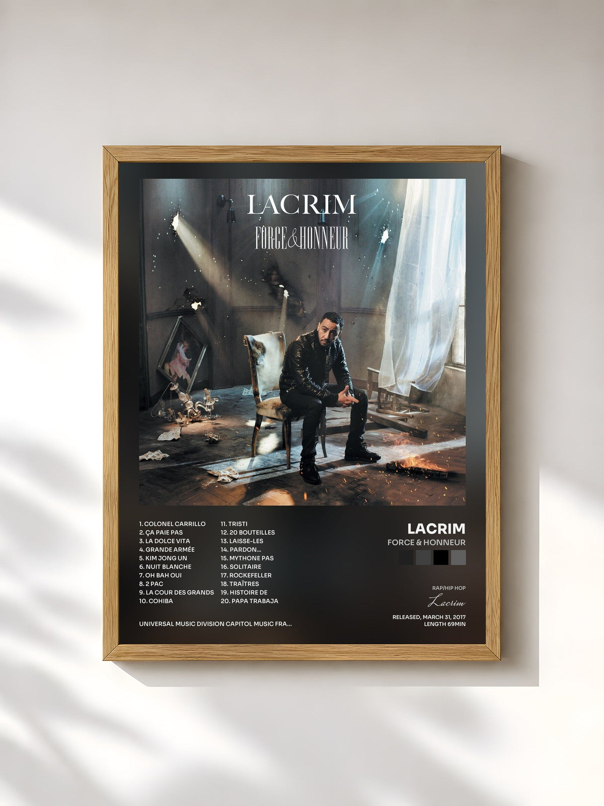 #bois Tableau de l'album Force & Honneur de Lacrim, cadre en bois brut, imprimé et encadré en France