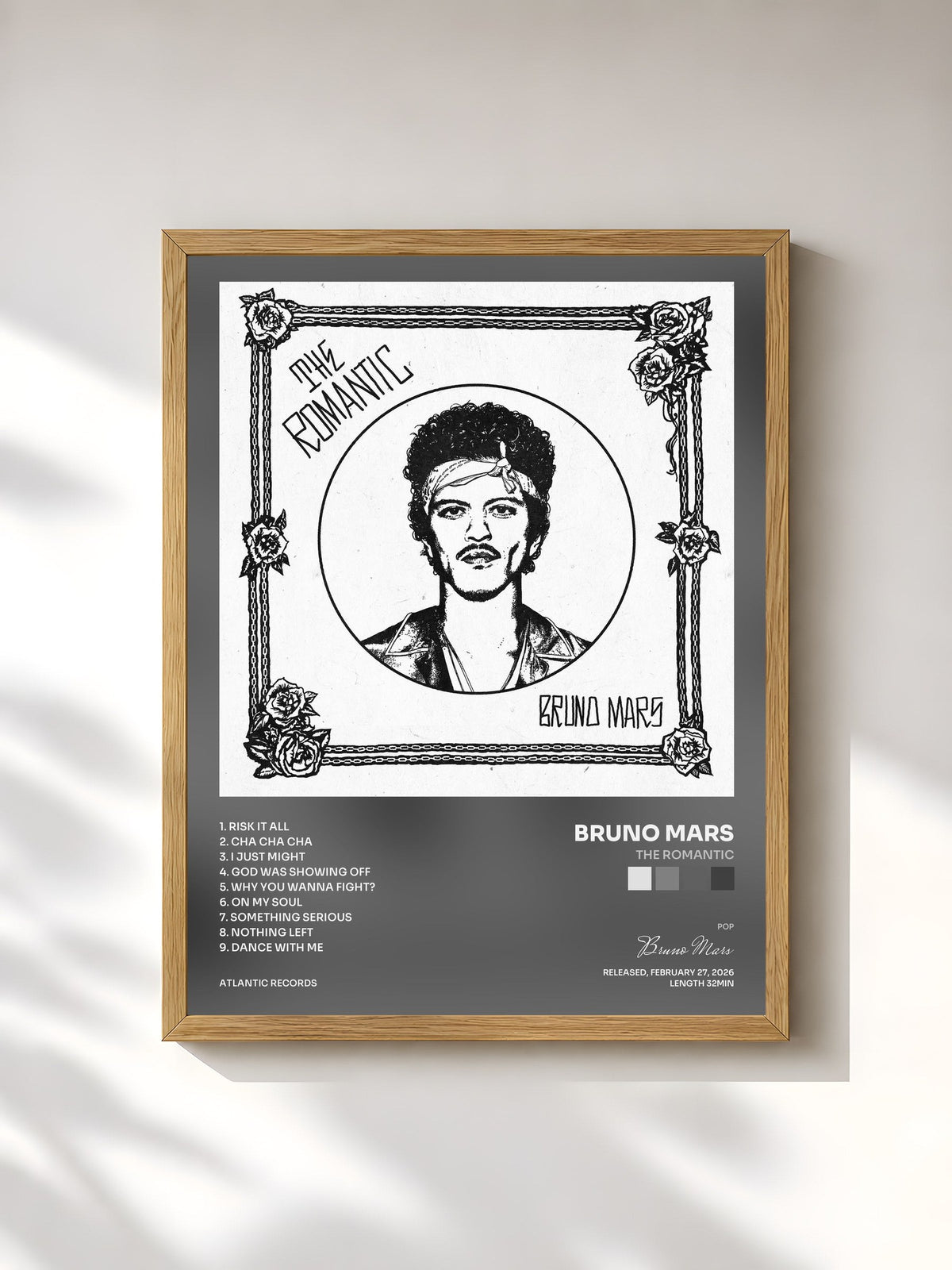 #bois Tableau de l'album The Romantic de Bruno Mars, cadre en bois brut, imprimé et encadré en France