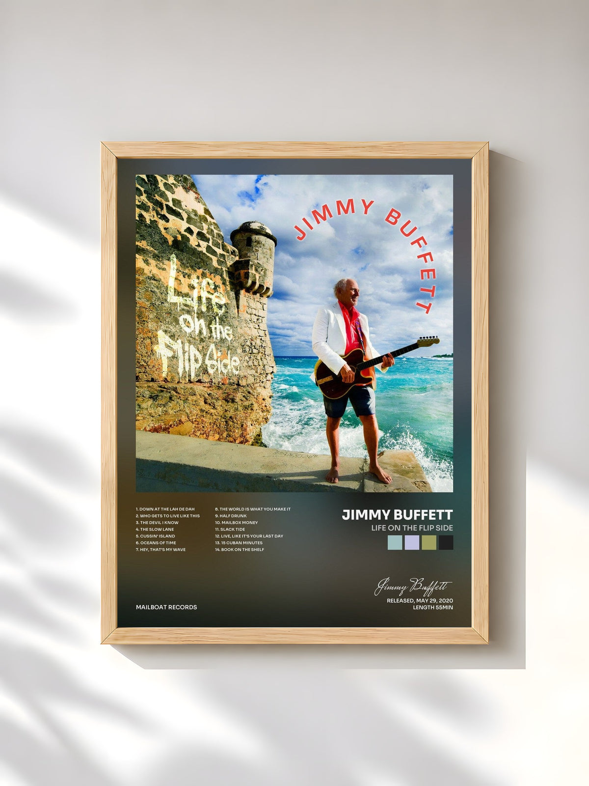 #bois Tableau de l'album Life On the Flip Side de Jimmy Buffett, cadre en bois brut, imprimé et encadré en France