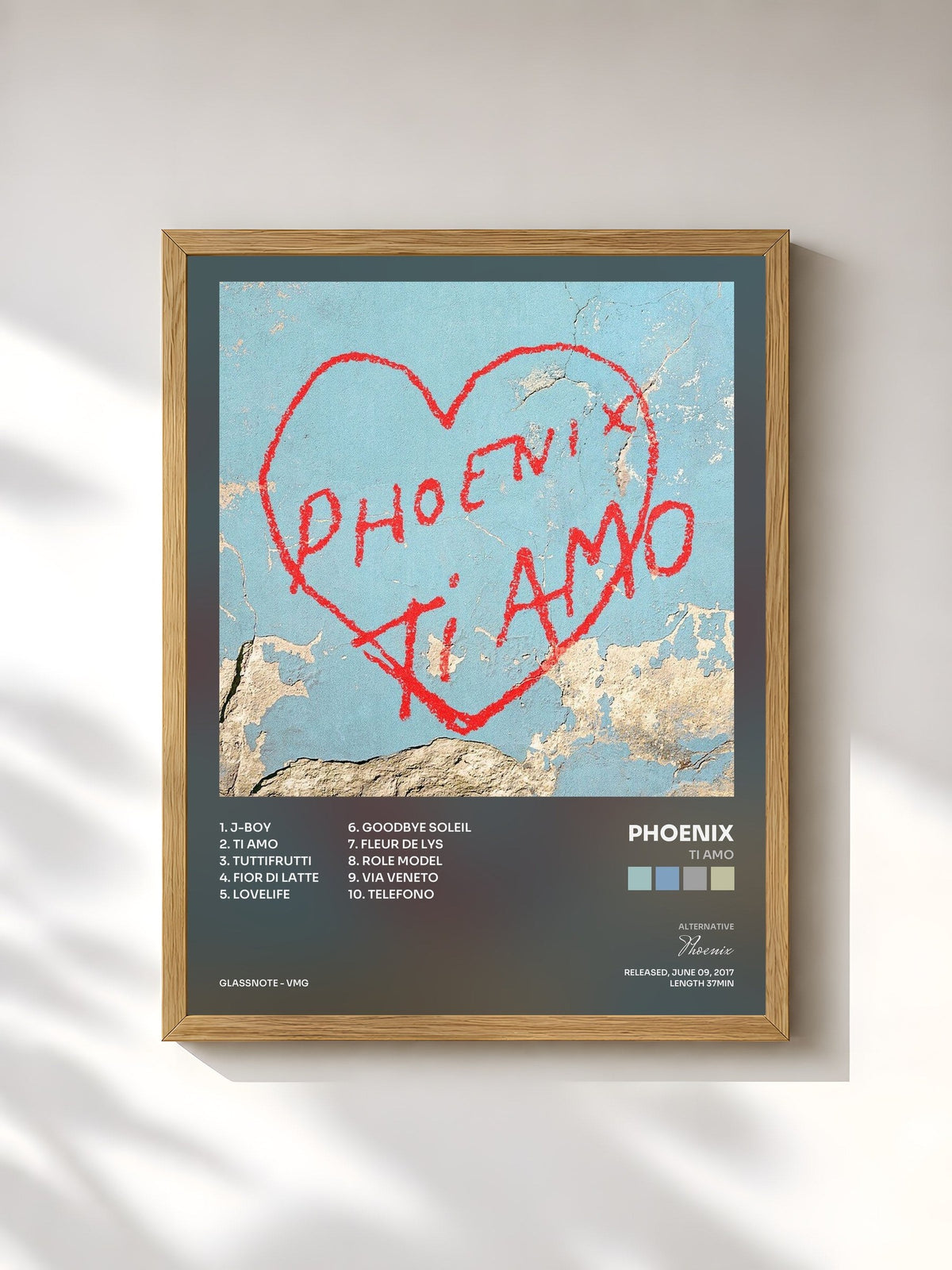 #bois Tableau de l'album Ti Amo de Phoenix, cadre en bois brut, imprimé et encadré en France