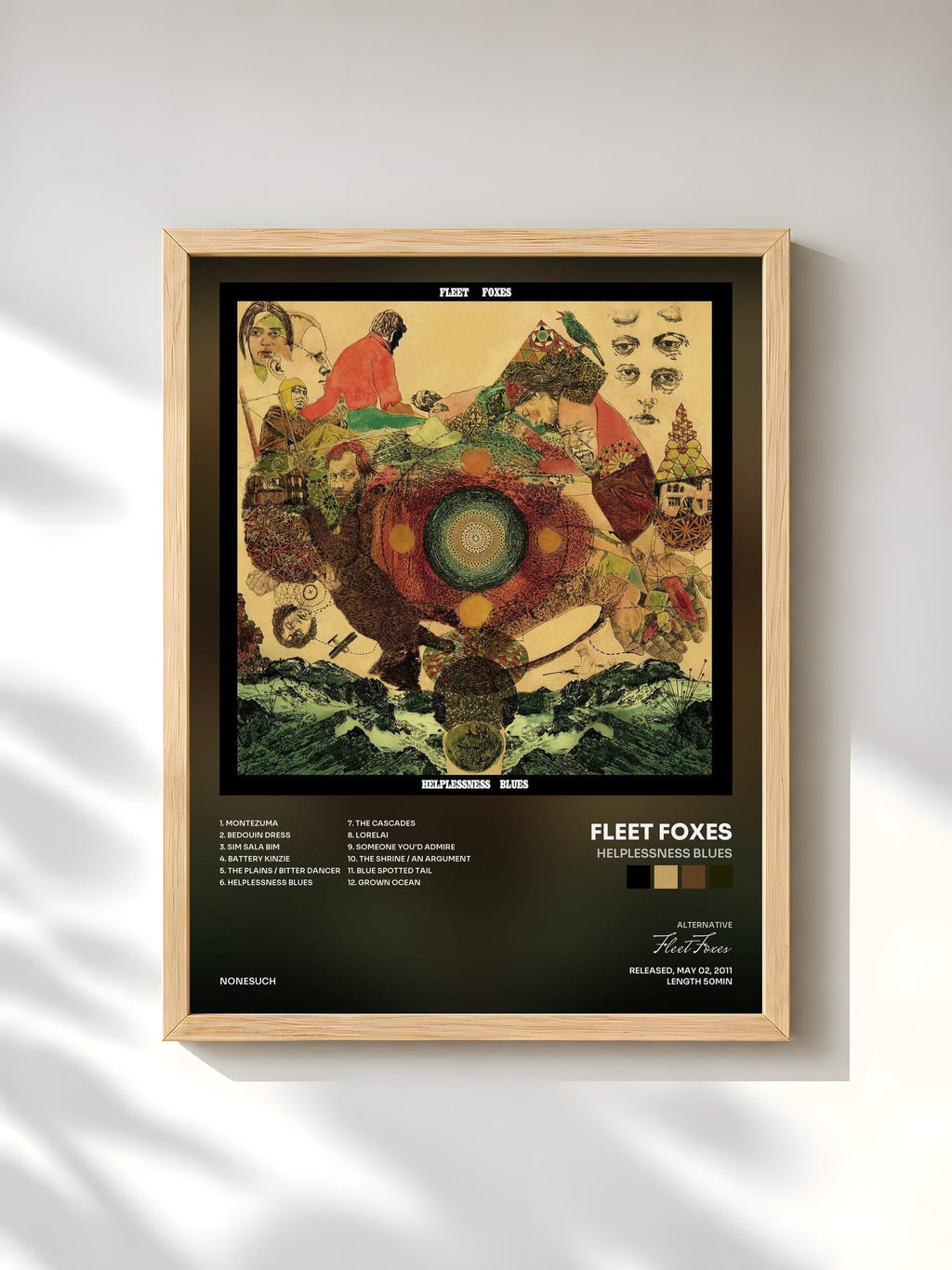 #bois Tableau de l'album Helplessness Blues de Fleet Foxes, cadre en bois brut, imprimé et encadré en France