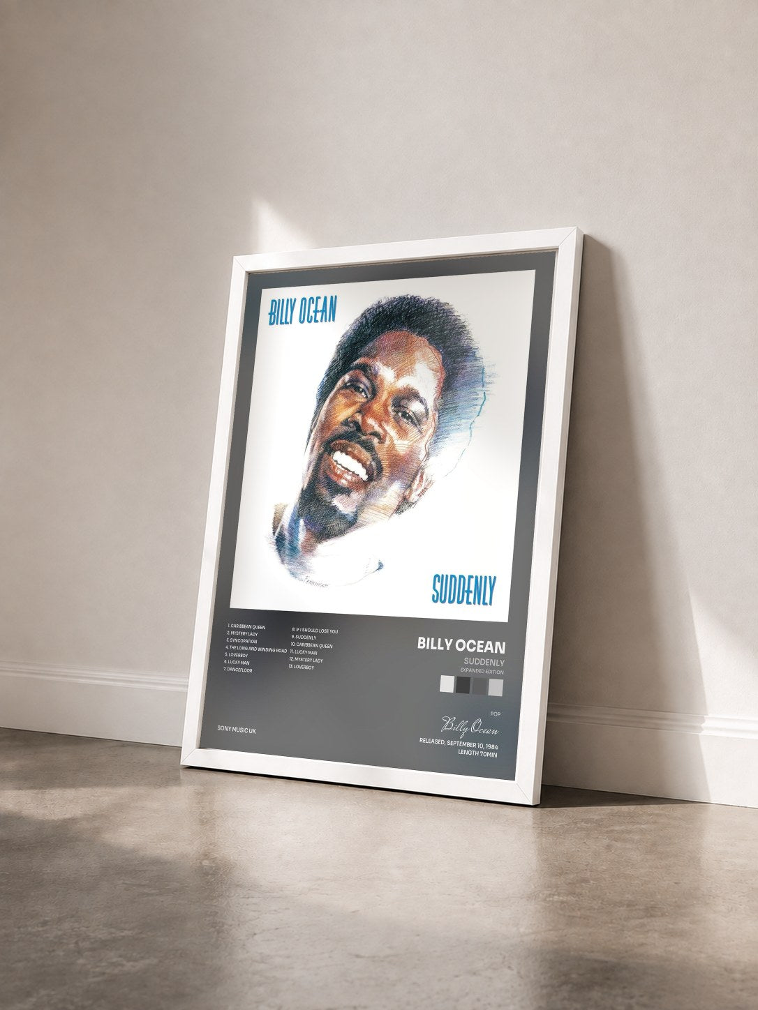 #blanc Tableau de l'album Suddenly (Expanded Edition) de Billy Ocean vu de trois quarts, cadre blanc