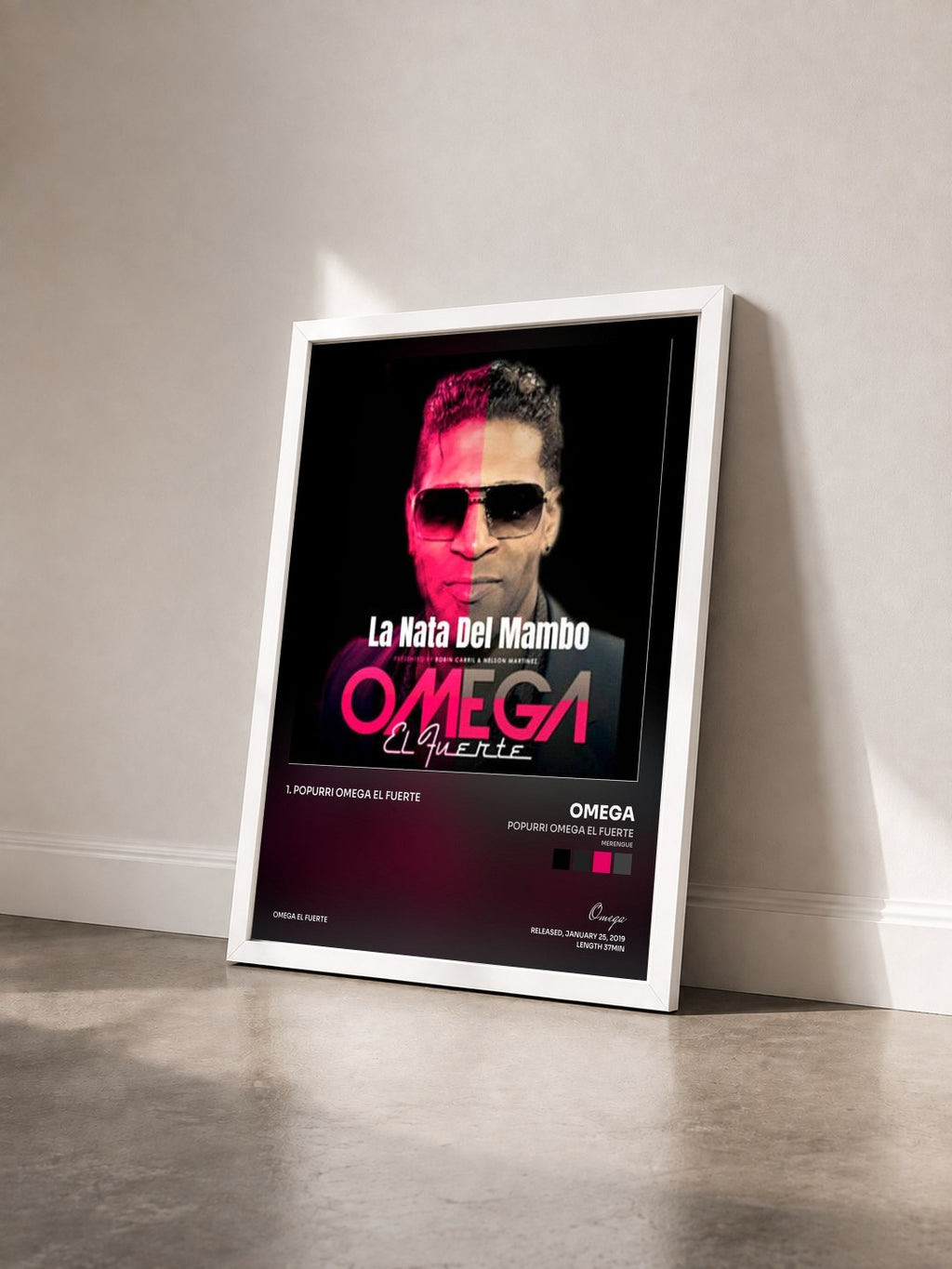 #blanc Tableau de l'album Popurri Omega el Fuerte (Merengue) de Omega vu de trois quarts, cadre blanc