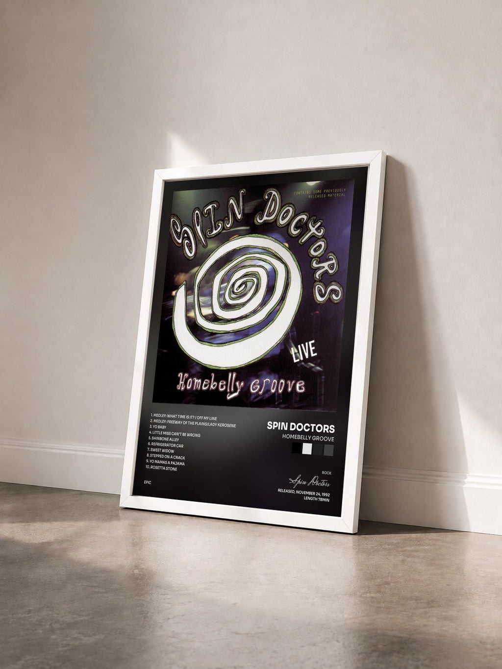 #blanc Tableau de l'album HOMEBELLY GROOVE de Spin Doctors vu de trois quarts, cadre blanc