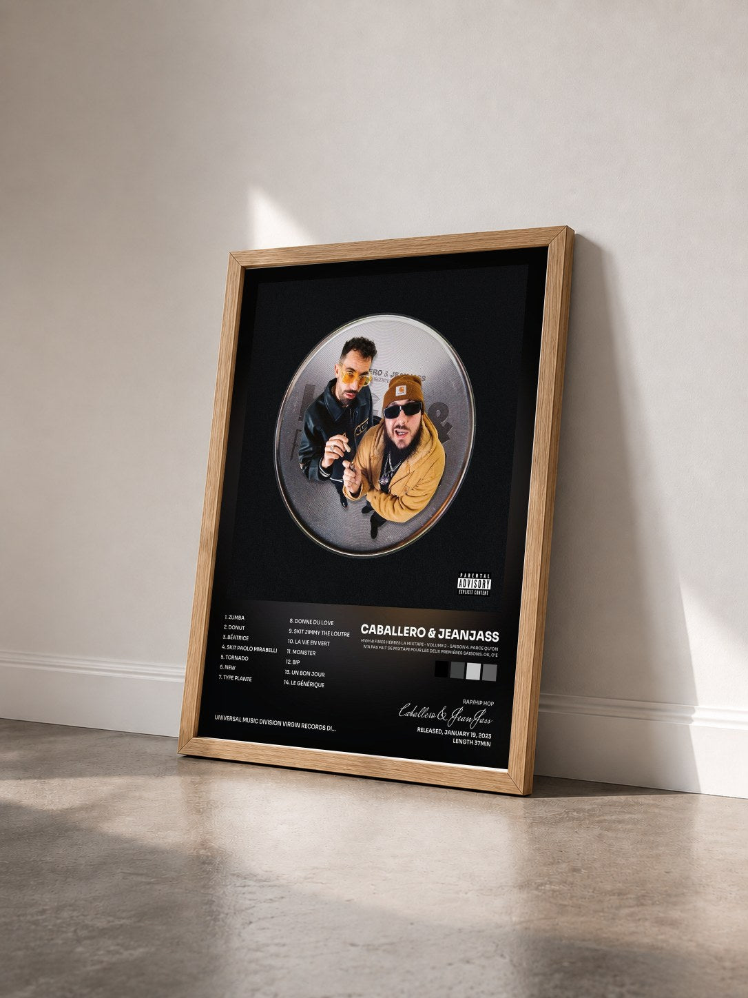 #bois Tableau de l'album High & Fines Herbes La Mixtape - Volume 2 - Saison 4. Parce qu’on n’a pas fait de mixtape pour les deux premières saisons. Ok, c’e de Caballero & JeanJass vu de trois quarts, cadre en bois brut