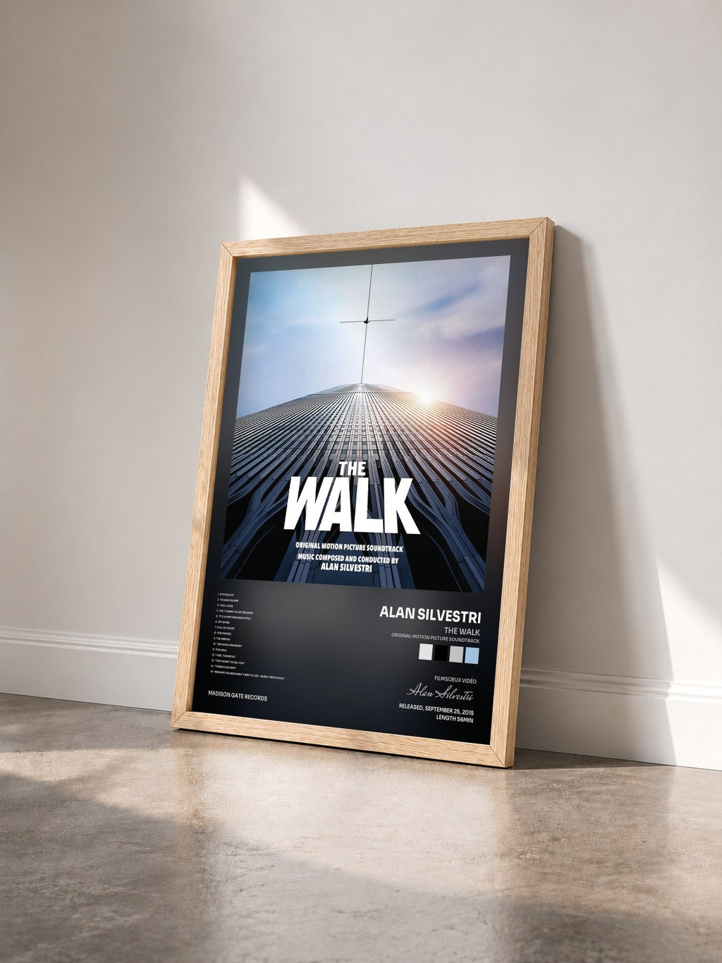 #bois Tableau de l'album The Walk (Original Motion Picture Soundtrack) de Alan Silvestri vu de trois quarts, cadre en bois brut