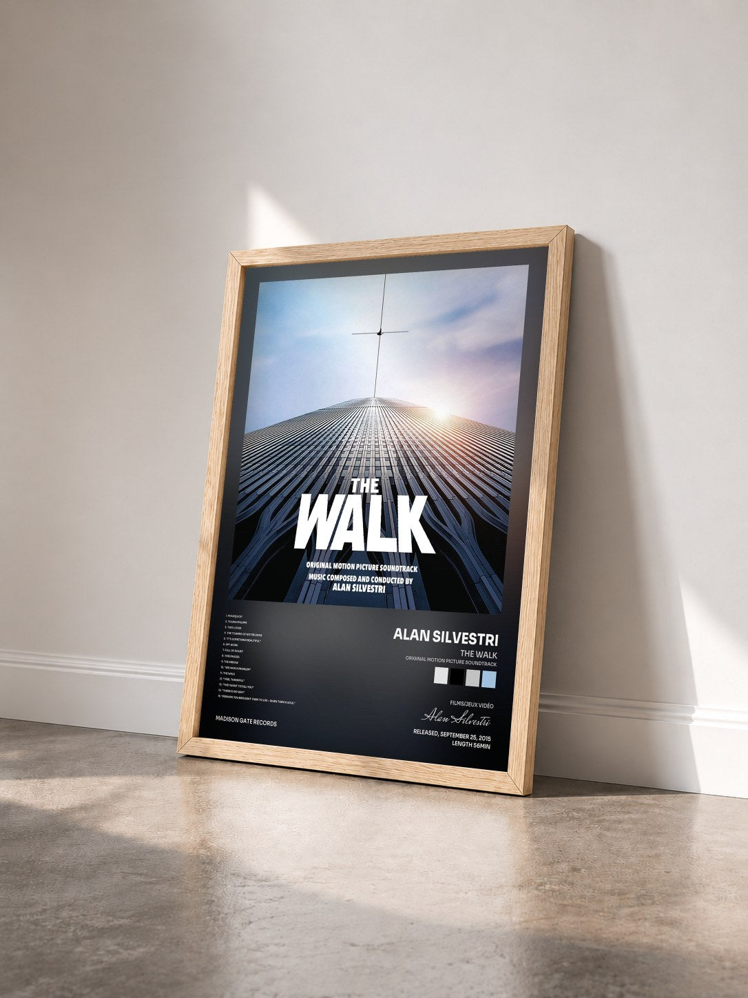 #bois Tableau de l'album The Walk (Original Motion Picture Soundtrack) de Alan Silvestri vu de trois quarts, cadre en bois brut