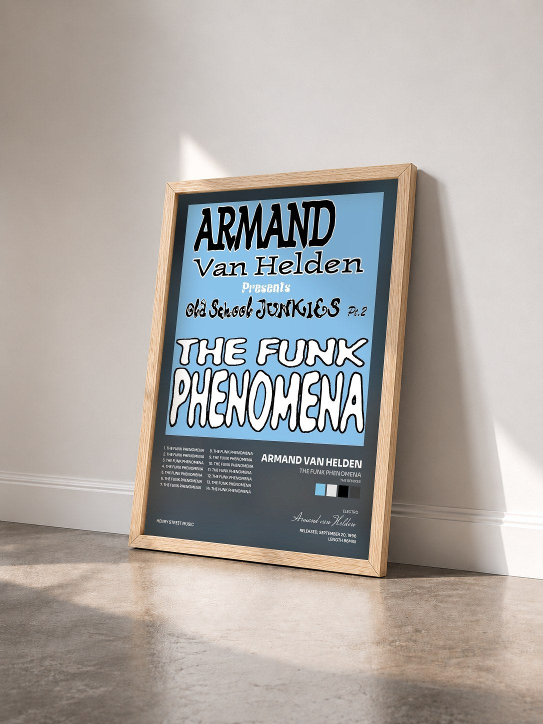 #bois Tableau de l'album The Funk Phenomena (The Remixes) de Armand van Helden vu de trois quarts, cadre en bois brut