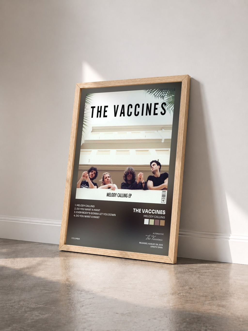 #bois Tableau de l'album Melody Calling de The Vaccines vu de trois quarts, cadre en bois brut