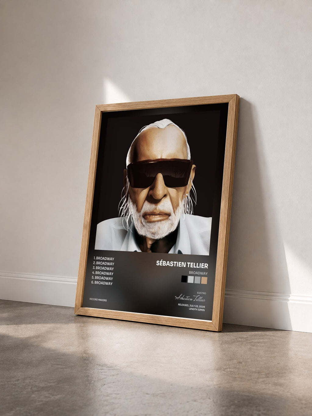 #bois Tableau de l'album Broadway de Sébastien Tellier vu de trois quarts, cadre en bois brut