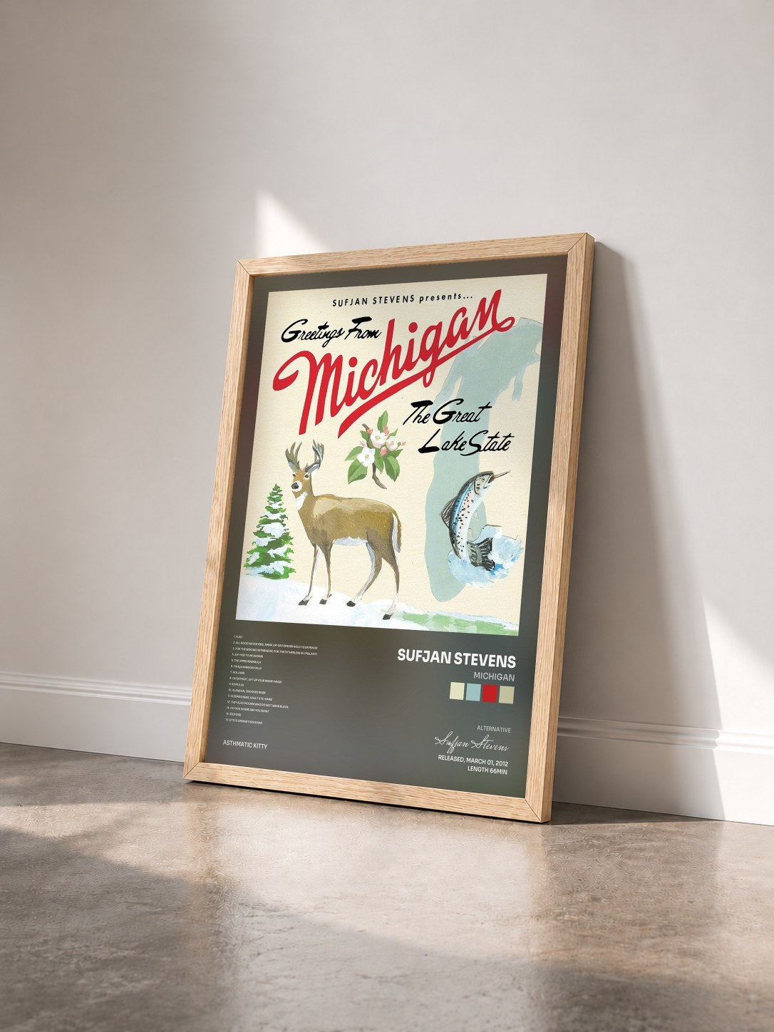 #bois Tableau de l'album Michigan de Sufjan Stevens vu de trois quarts, cadre en bois brut