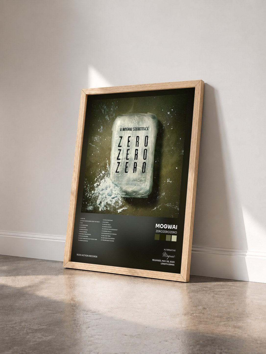 #bois Tableau de l'album ZEROZEROZERO de Mogwai vu de trois quarts, cadre en bois brut