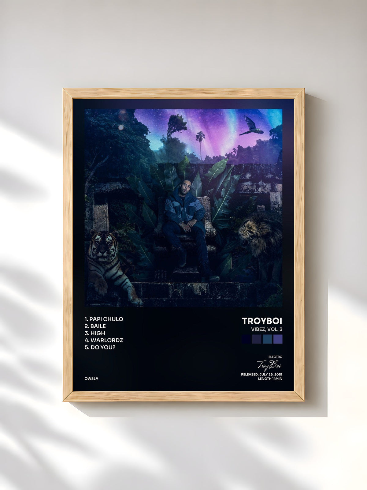 #bois Tableau de l'album V!BEZ, Vol. 3 de TroyBoi, cadre en bois brut, imprimé et encadré en France