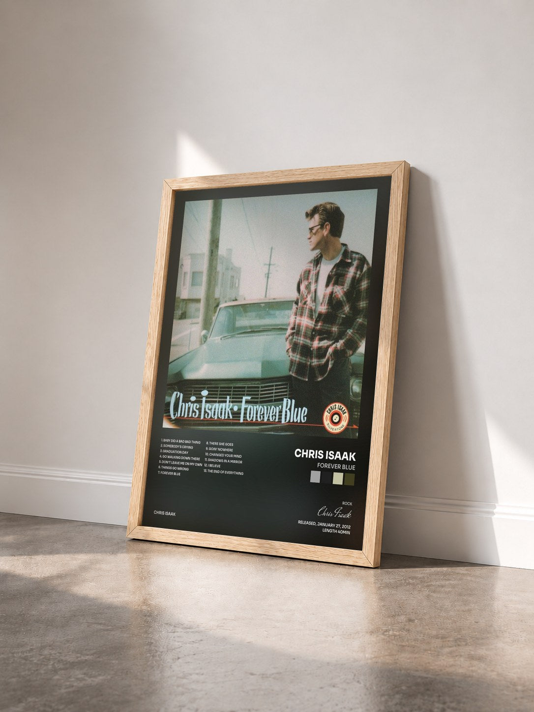 #bois Tableau de l'album Forever Blue de Chris Isaak vu de trois quarts, cadre en bois brut