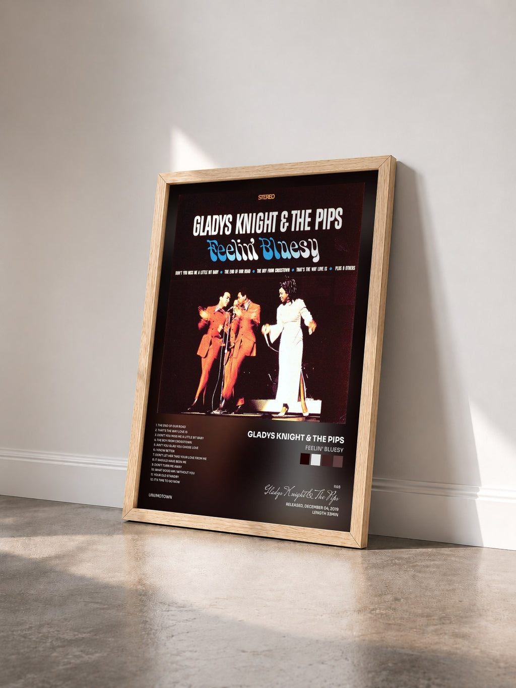 #bois Tableau de l'album Feelin' Bluesy de Gladys Knight & The Pips vu de trois quarts, cadre en bois brut