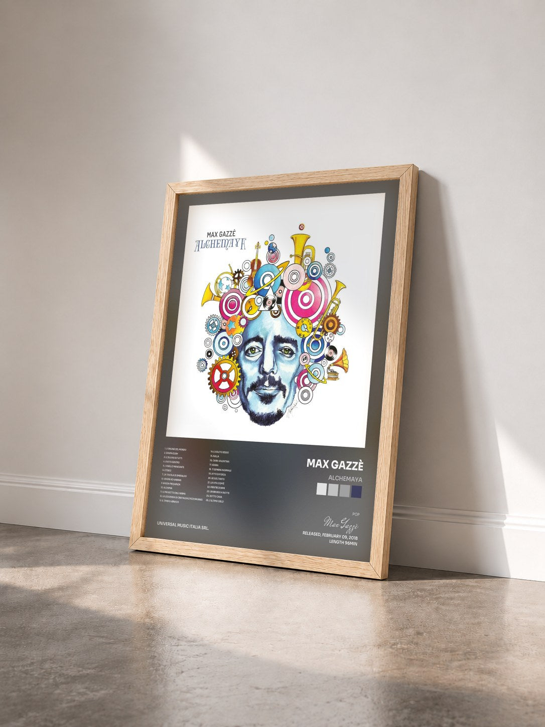 #bois Tableau de l'album Alchemaya de Max Gazzè vu de trois quarts, cadre en bois brut