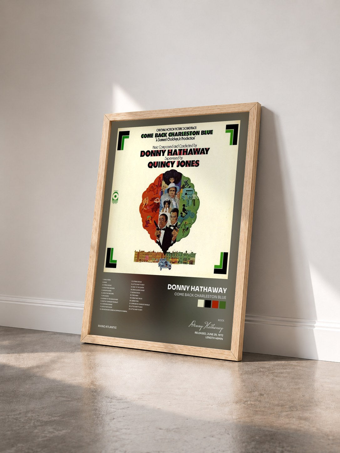 #bois Tableau de l'album Come Back Charleston Blue de Donny Hathaway vu de trois quarts, cadre en bois brut