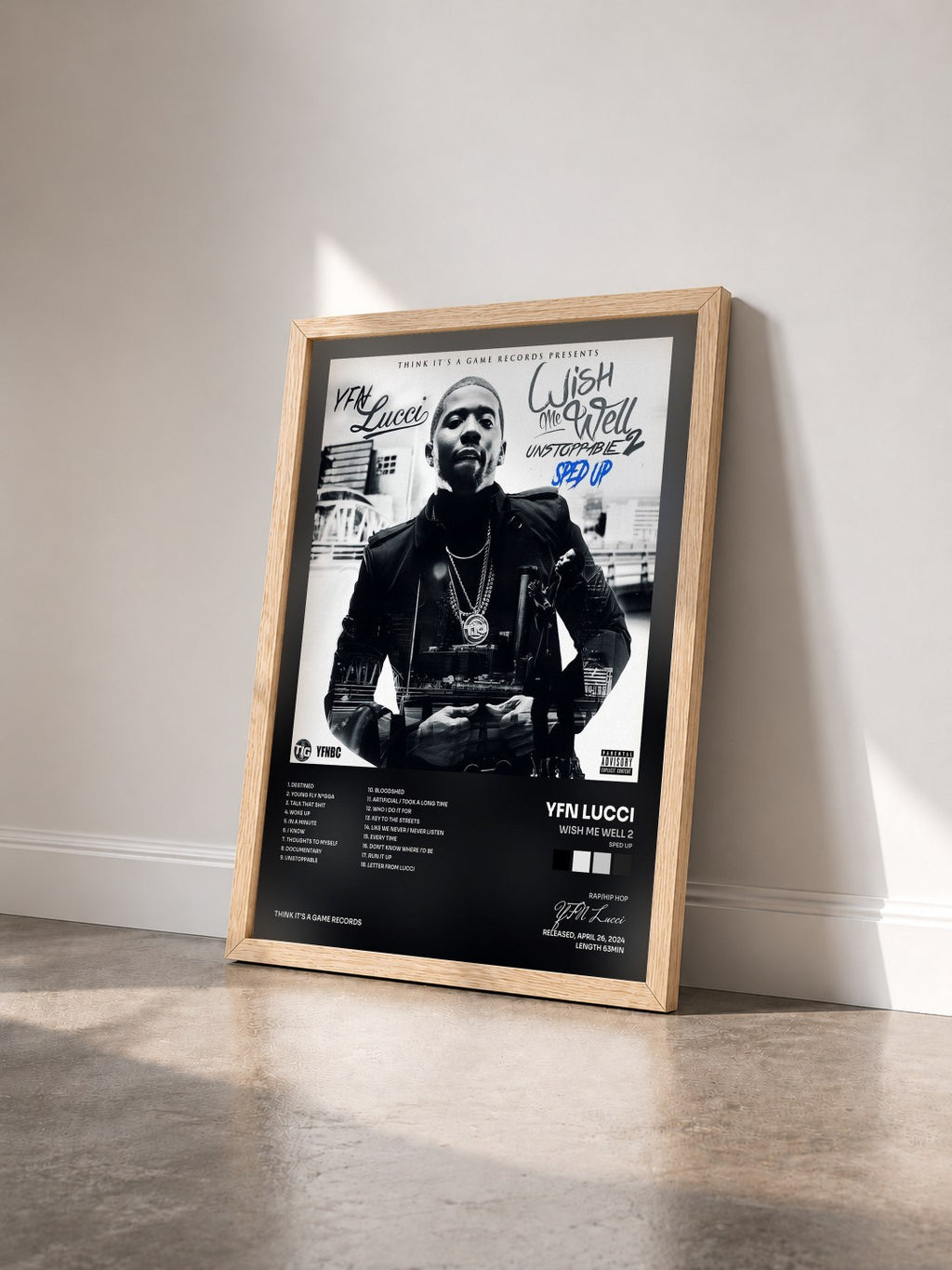 #bois Tableau de l'album Wish Me Well 2 (Sped Up) de YFN Lucci vu de trois quarts, cadre en bois brut