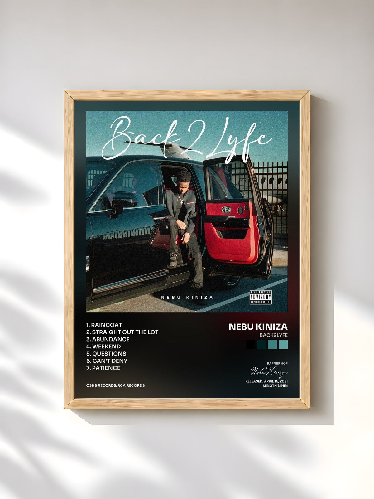 #bois Tableau de l'album Back2Lyfe de Nebu Kiniza, cadre en bois brut, imprimé et encadré en France