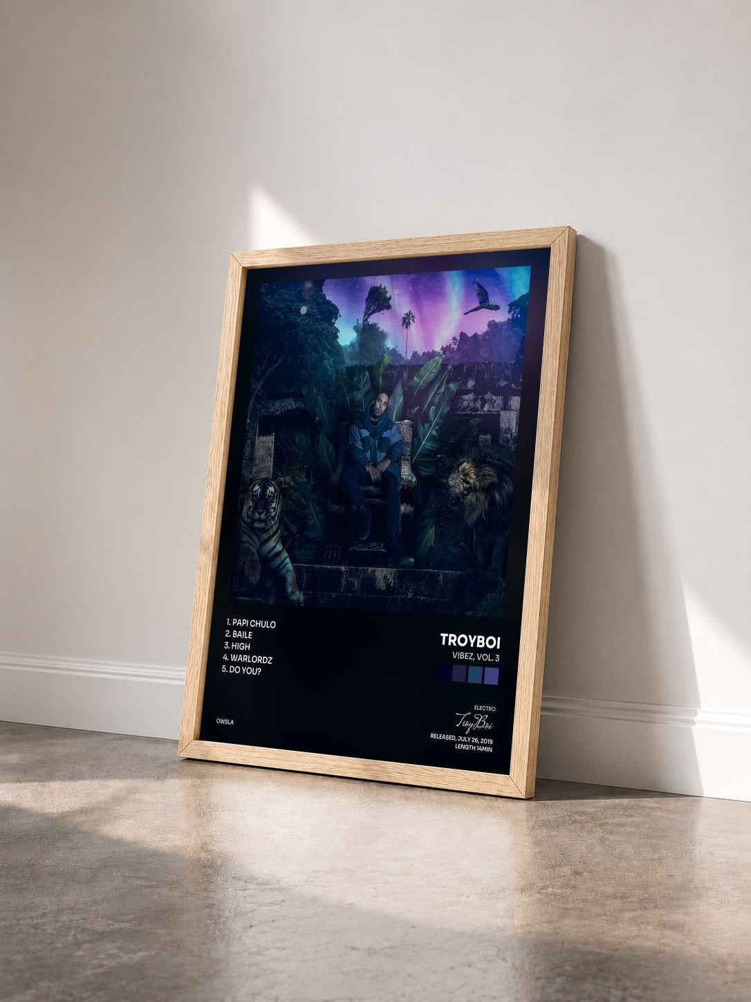 #bois Tableau de l'album V!BEZ, Vol. 3 de TroyBoi vu de trois quarts, cadre en bois brut
