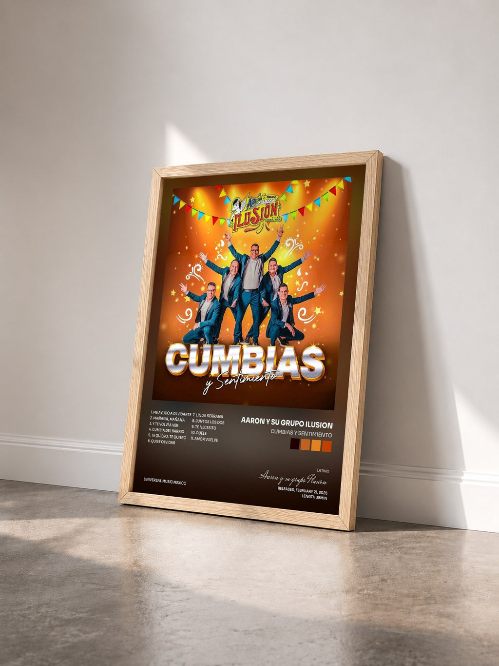 #bois Tableau de l'album Cumbias y Sentimiento de Aaron y su grupo Ilusion vu de trois quarts, cadre en bois brut
