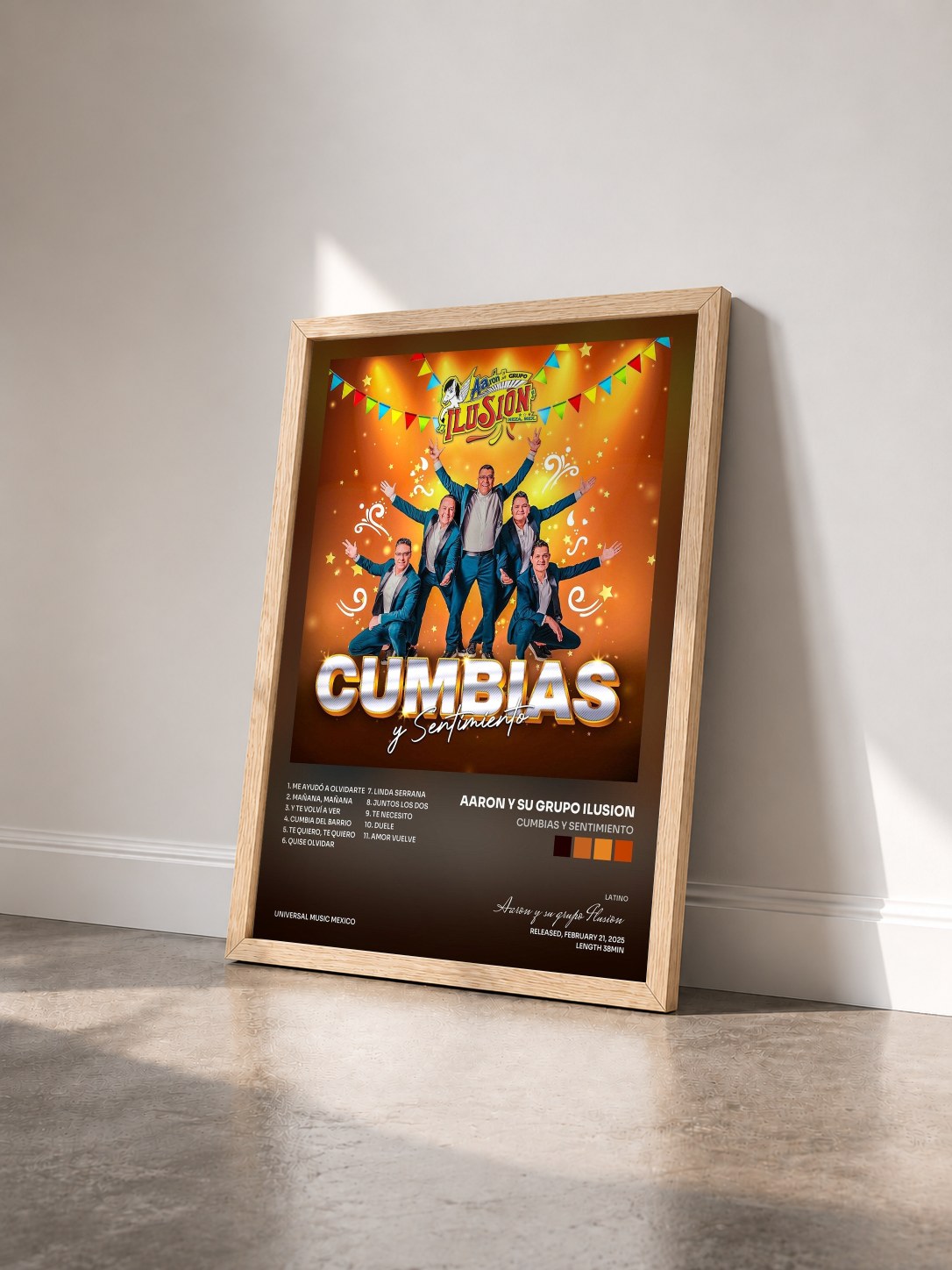 #bois Tableau de l'album Cumbias y Sentimiento de Aaron y su grupo Ilusion vu de trois quarts, cadre en bois brut