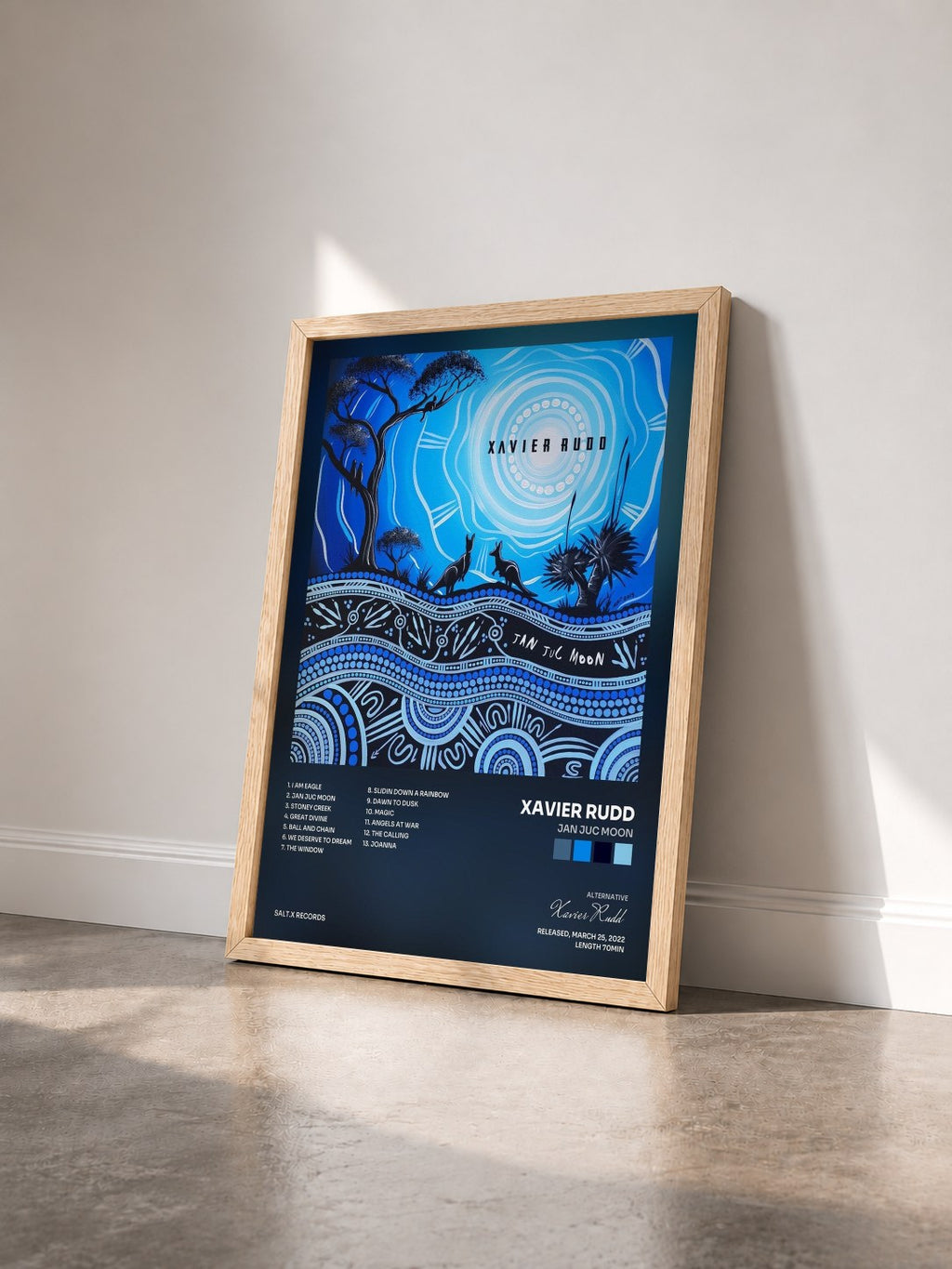 #bois Tableau de l'album Jan Juc Moon de Xavier Rudd vu de trois quarts, cadre en bois brut