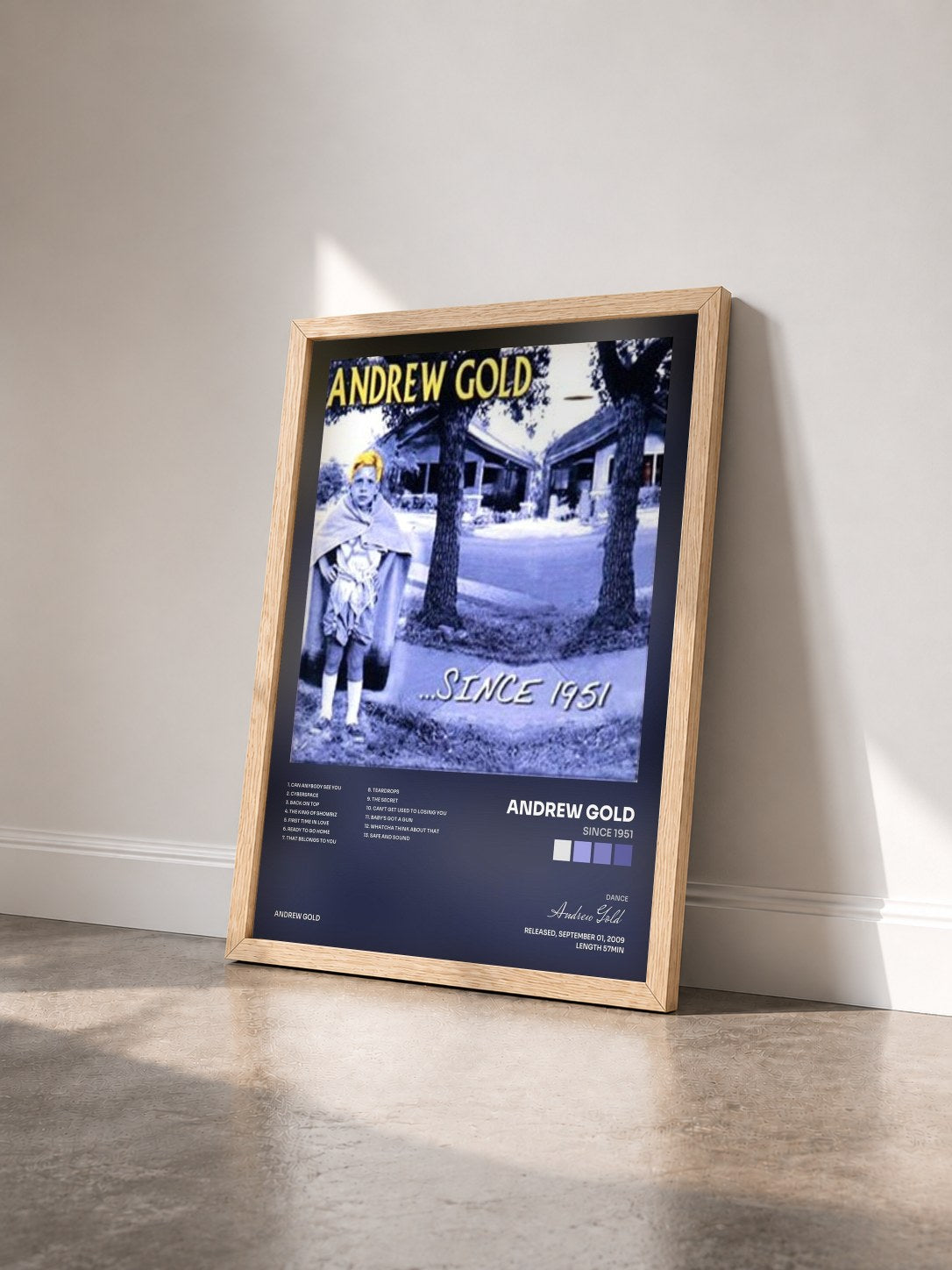#bois Tableau de l'album Since 1951 de Andrew Gold vu de trois quarts, cadre en bois brut