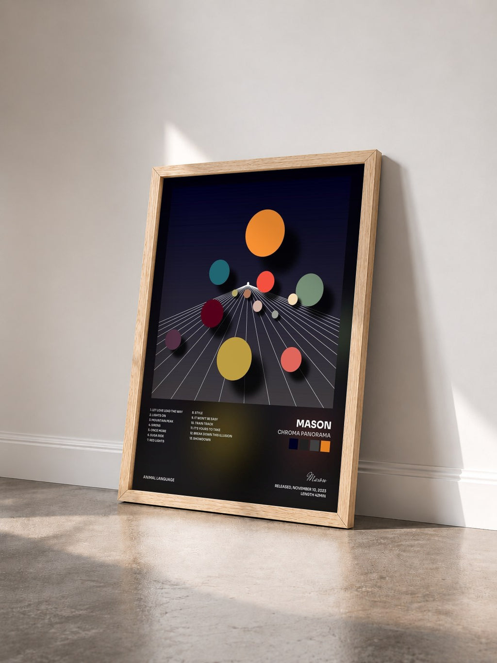 #bois Tableau de l'album Chroma Panorama de Mason vu de trois quarts, cadre en bois brut