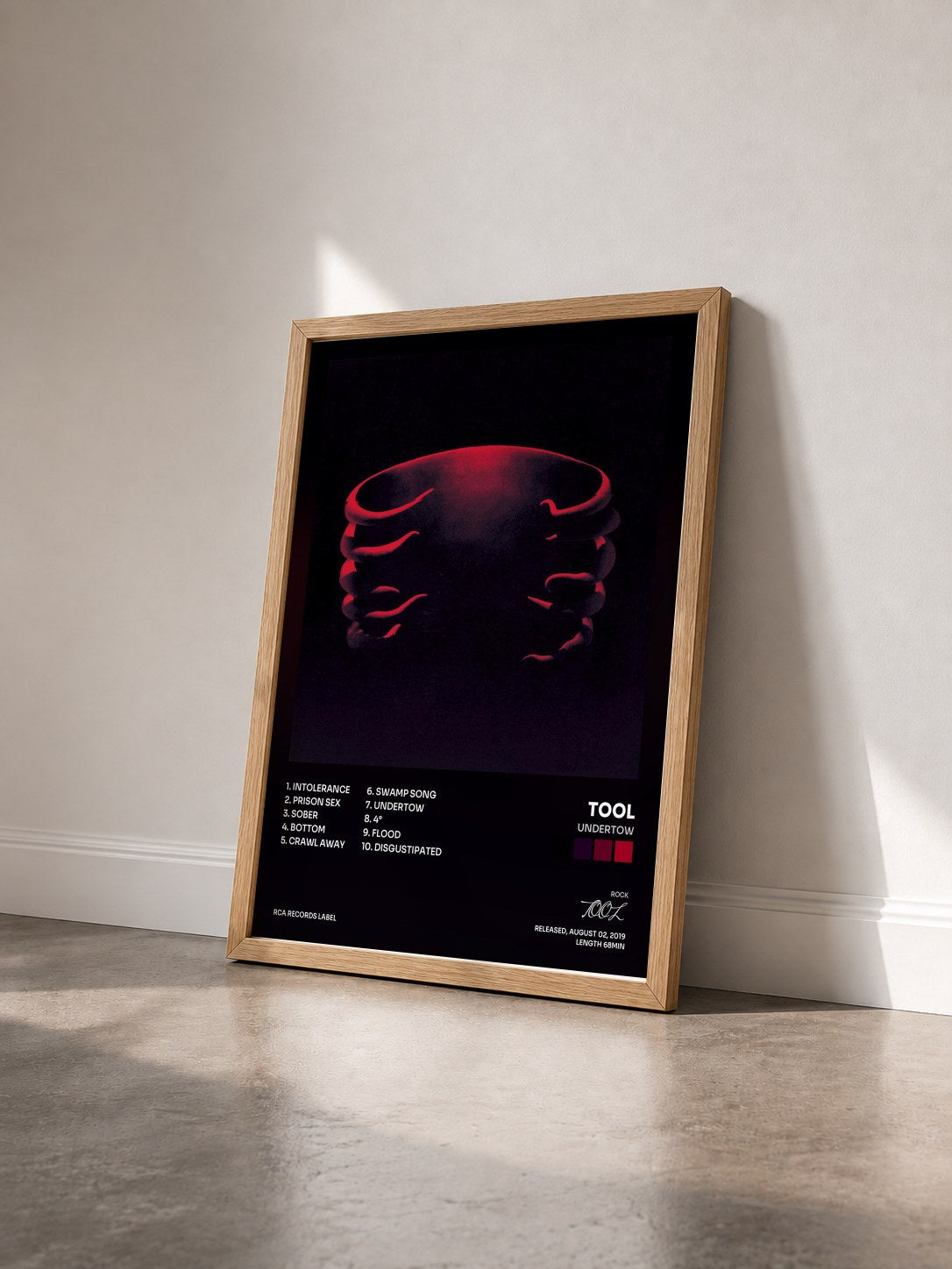 #bois Tableau de l'album Undertow de TOOL vu de trois quarts, cadre en bois brut
