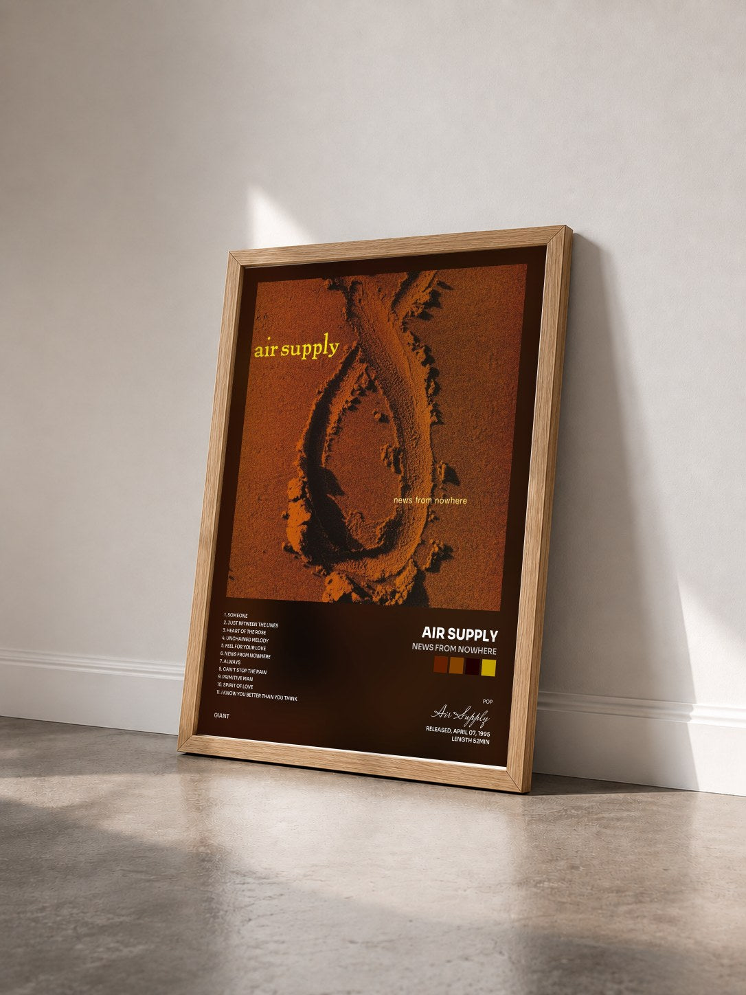 #bois Tableau de l'album News From Nowhere de Air Supply vu de trois quarts, cadre en bois brut