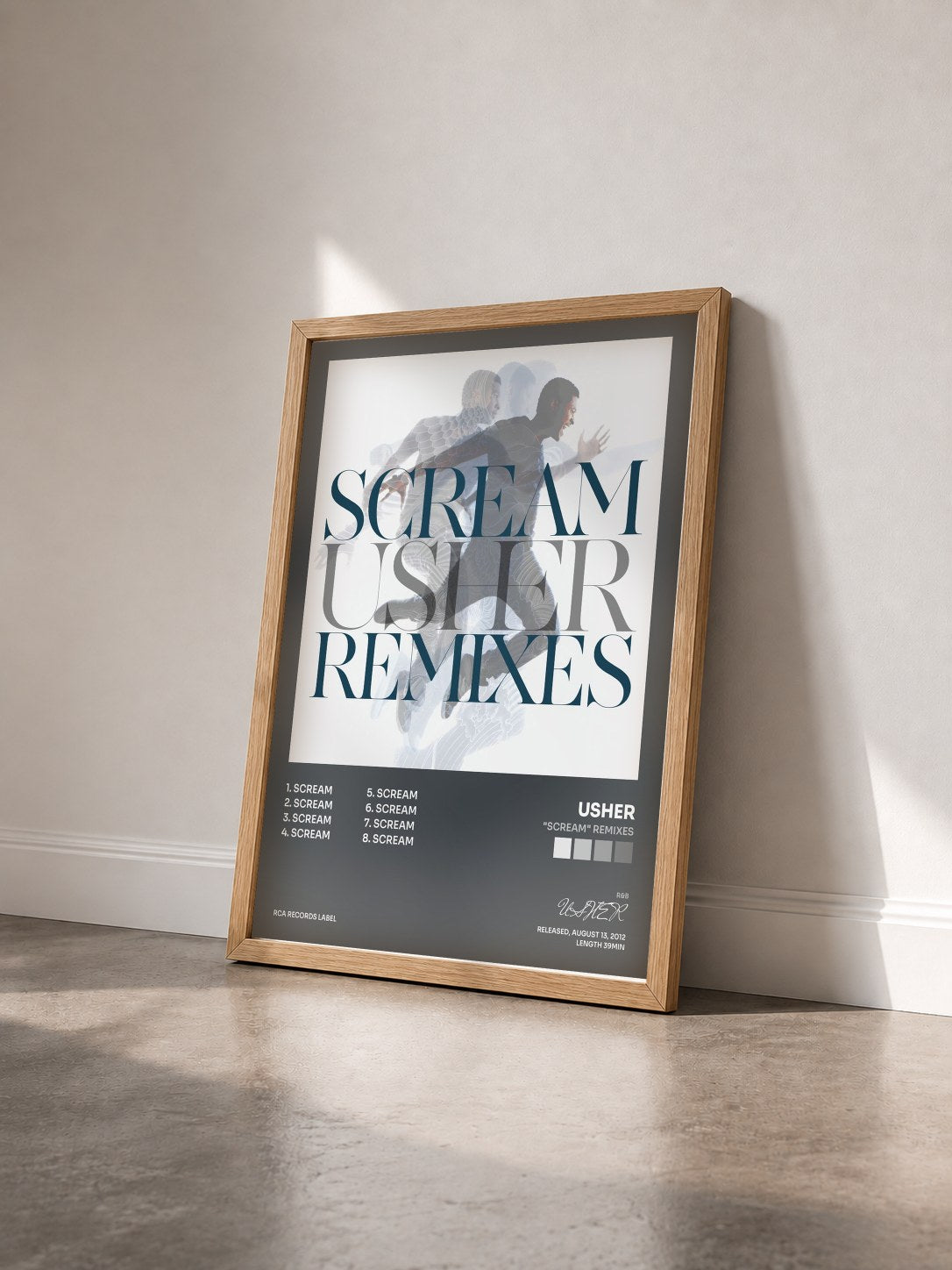 #bois Tableau de l'album "Scream" Remixes de USHER vu de trois quarts, cadre en bois brut