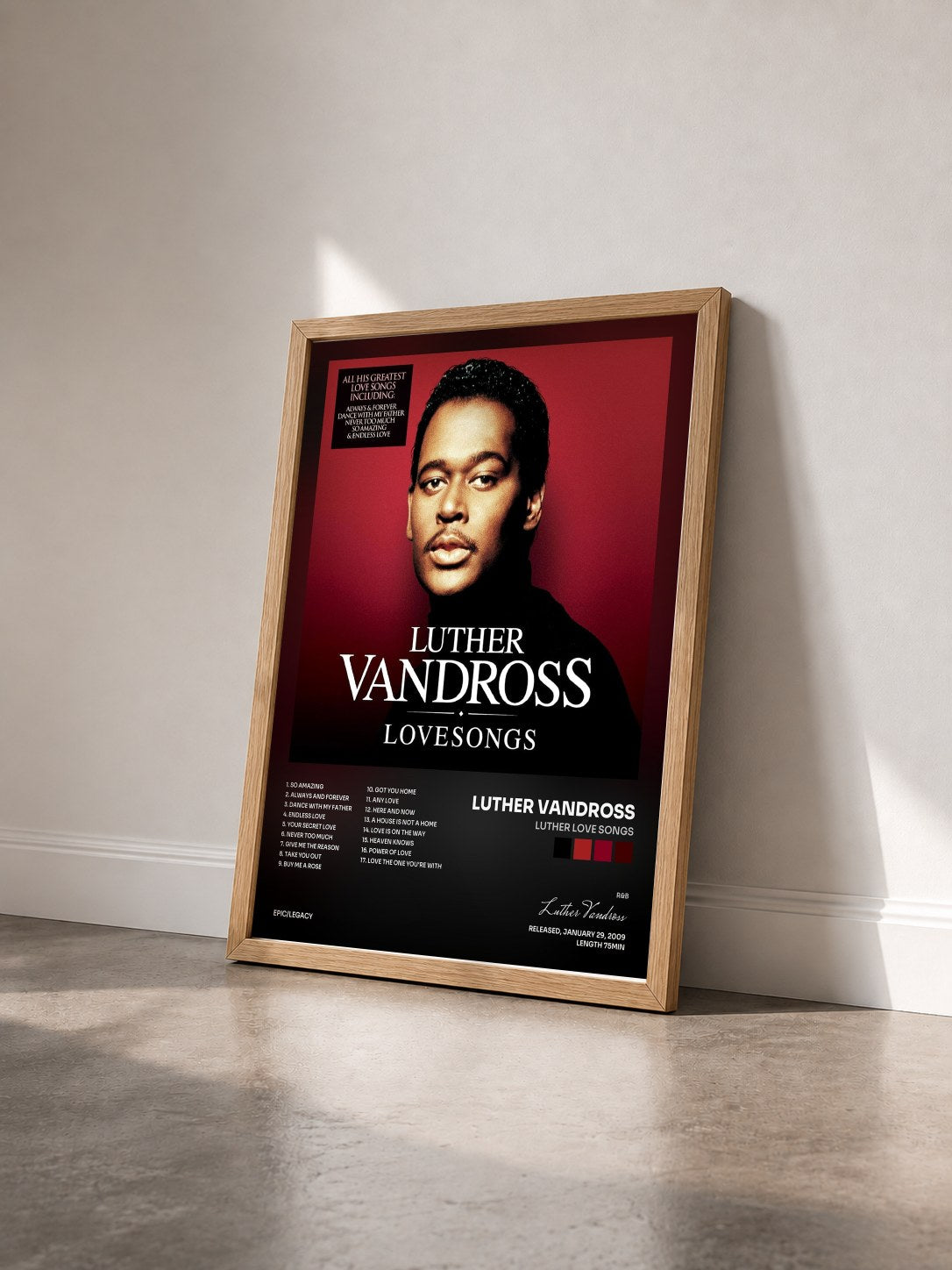 #bois Tableau de l'album Luther Love Songs de Luther Vandross vu de trois quarts, cadre en bois brut