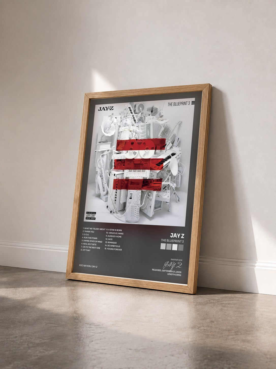 #bois Tableau de l'album The Blueprint 3 de JAY Z vu de trois quarts, cadre en bois brut