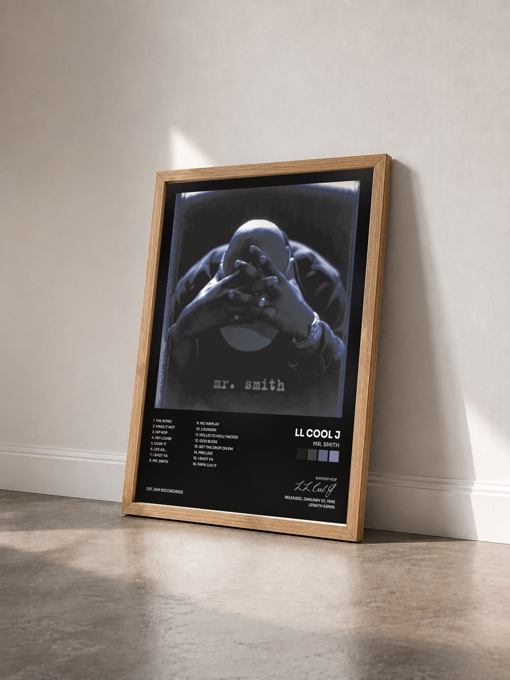 #bois Tableau de l'album Mr. Smith de LL Cool J vu de trois quarts, cadre en bois brut