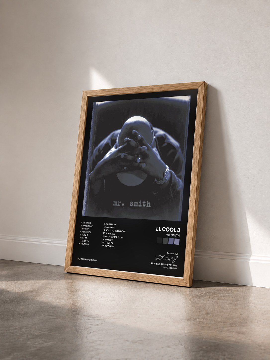 #bois Tableau de l'album Mr. Smith de LL Cool J vu de trois quarts, cadre en bois brut