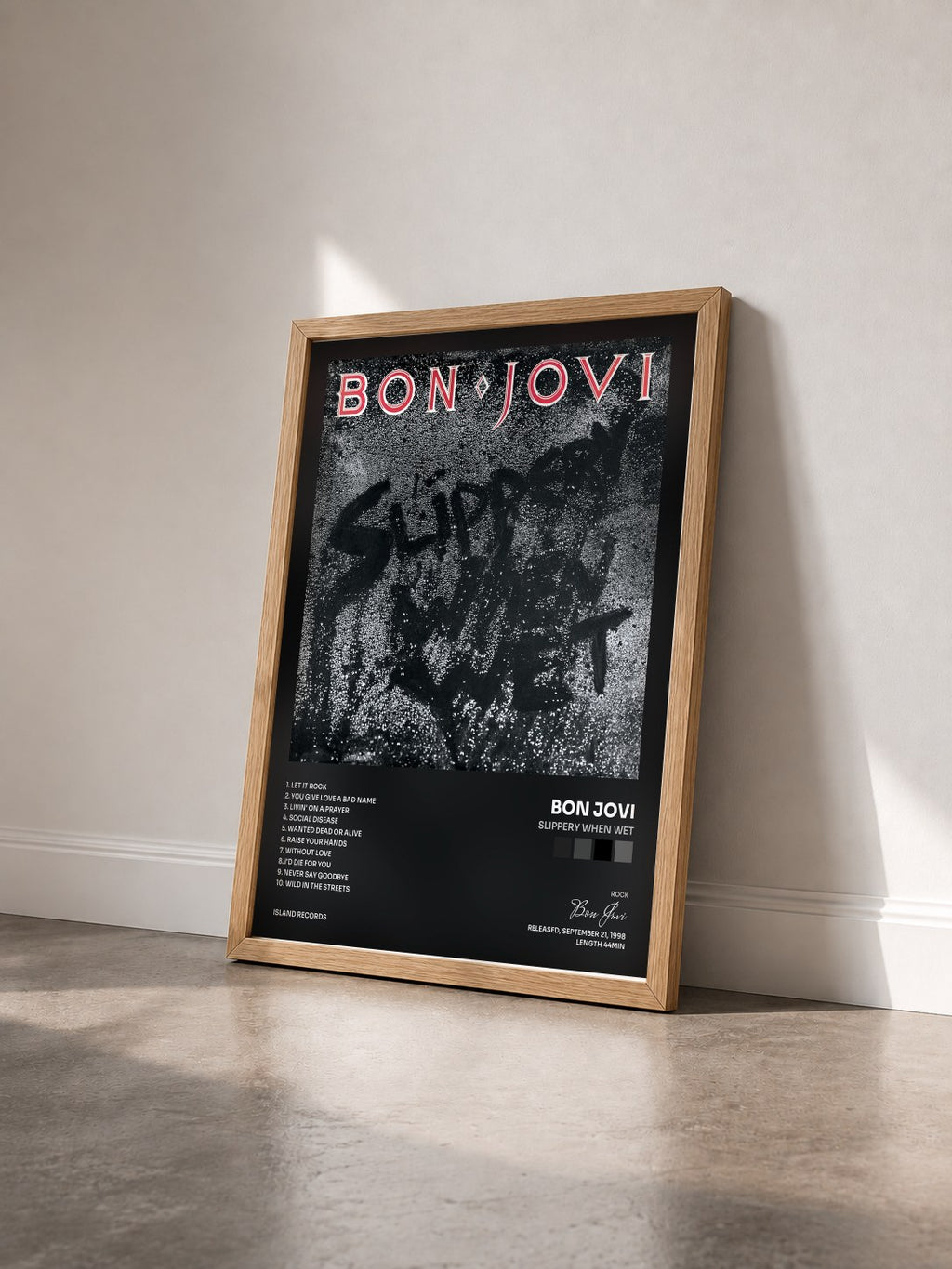 #bois Tableau de l'album Slippery When Wet de Bon Jovi vu de trois quarts, cadre en bois brut