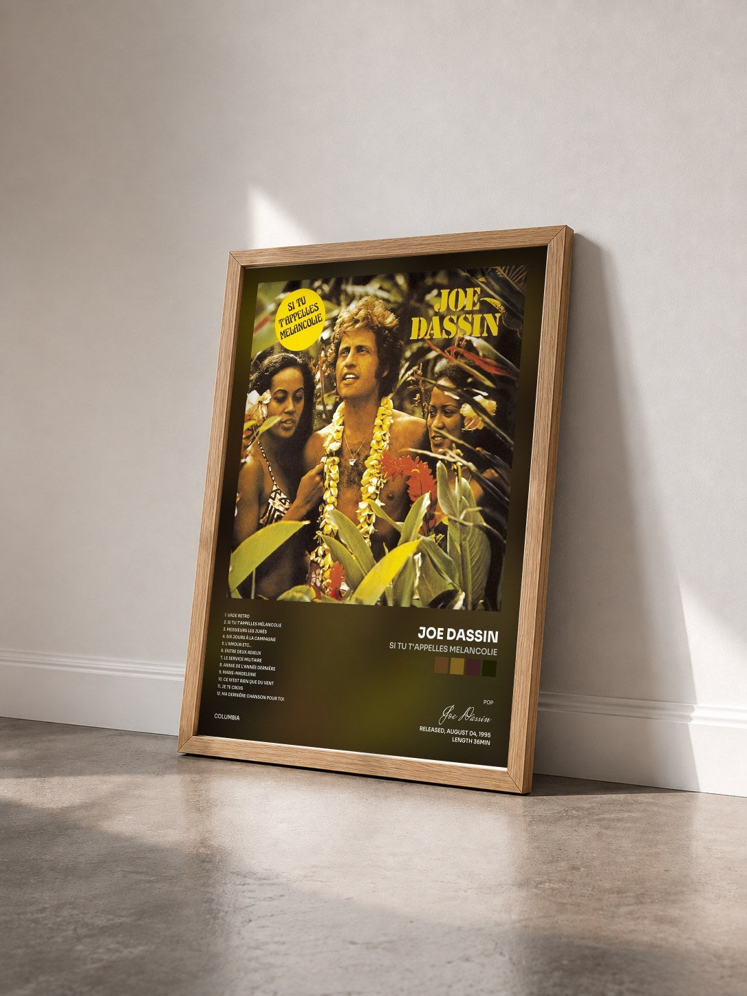 #bois Tableau de l'album Si Tu T'Appelles Melancolie de Joe Dassin vu de trois quarts, cadre en bois brut