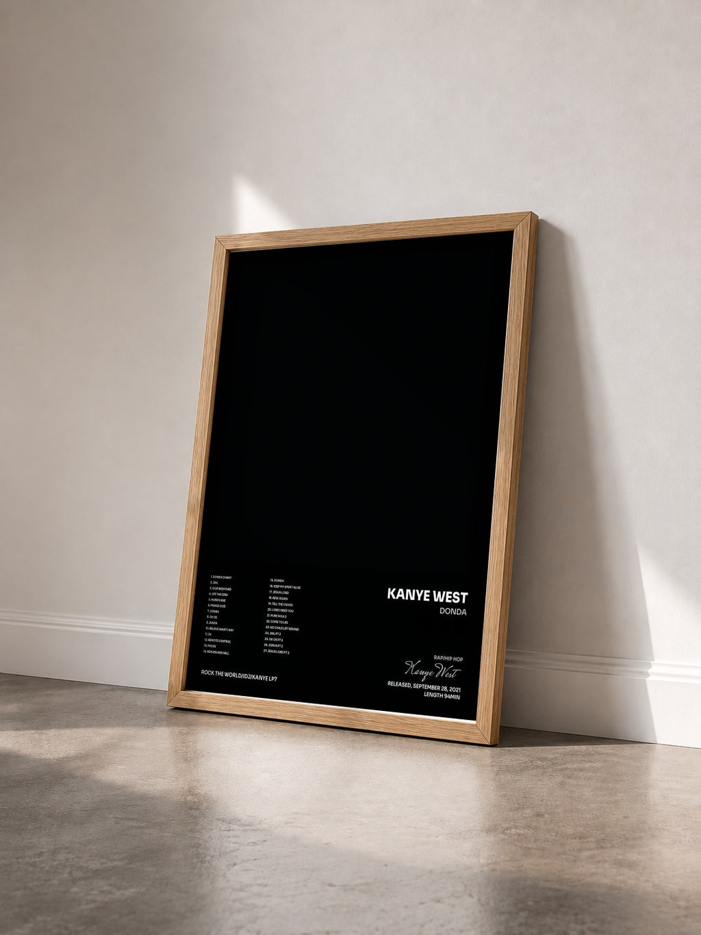 #bois Tableau de l'album Donda de Kanye West vu de trois quarts, cadre en bois brut